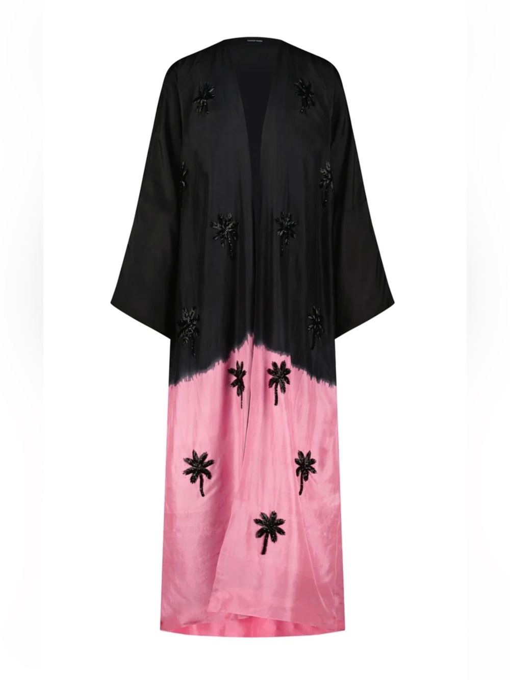 Embellished Black & Pink Long Swim Cover-Up Kimono